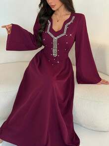 Al Najma Women's Elegant Arabic Style A-Line Dress With Long Sleeves, Cinching Waist And Rhinestone Decor, Suitable For Autumn - Purple - View 6