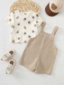 Cozy Pixies 2pcs Baby Boy Cartoon Bear Pattern Knitted Soft Crew Neck Long Sleeve Pullover Top And Bib Overalls Pants Set