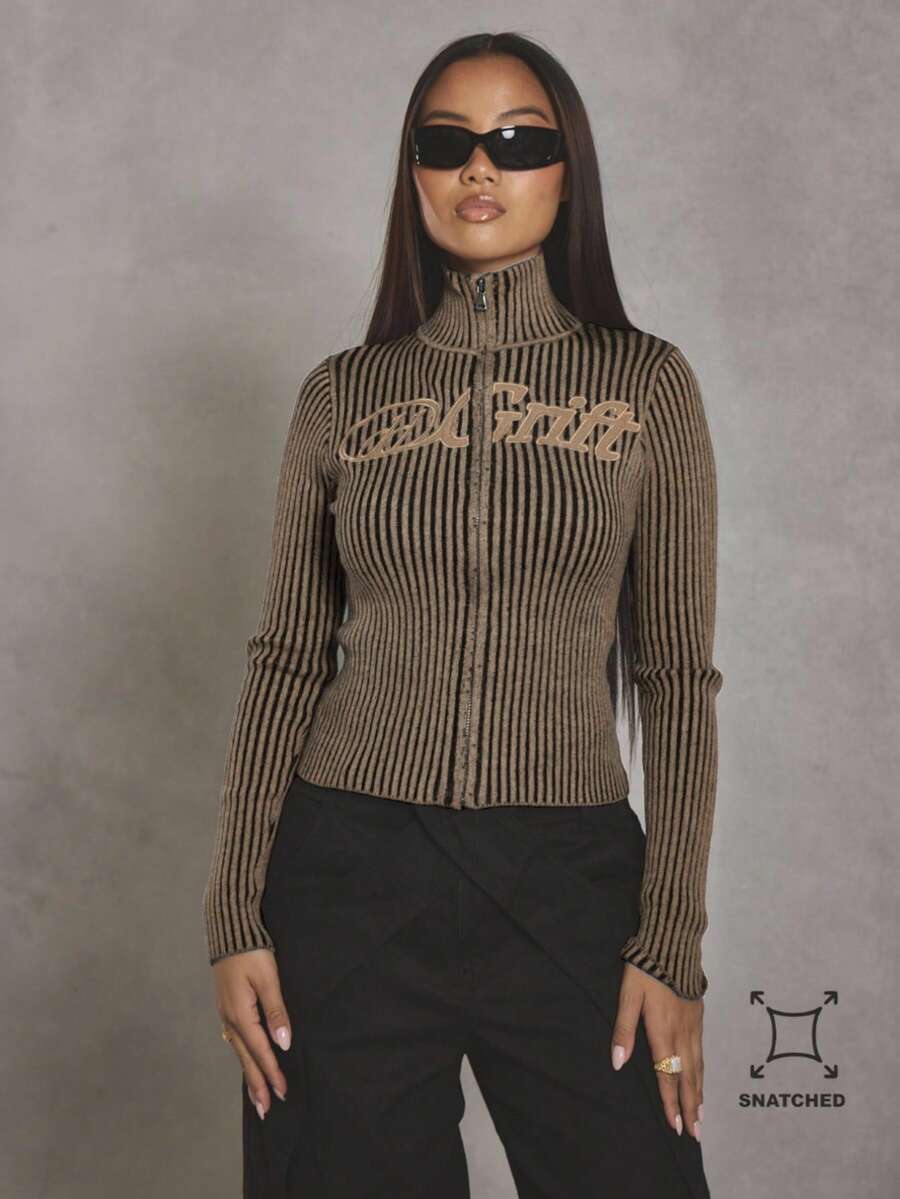 MUSERA Contrast Rib Slogan High Neck Zip Through Cardigan Cool Girl, Streetstyle, Everyday, Autumn, Winter, Varsity, 1997 Evening Party Elegant  New Year Thanksgiving - Khaki - View 1