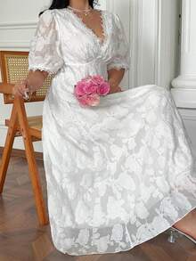 Vibekara 大码深V领短泡泡袖花卉蕾丝装饰玫瑰纹理镂空优雅简约复古宫廷风格鸡尾酒会婚礼宾客伴娘礼服 - 白色 - 查看 5