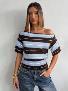 Aloruh Damski sweter wiosenny w kontrastowym kolorze, w paski w kolorze brązowym i niebieskim, z krótkim rękawem, luźną górą i dopasowanym dołem - Wielokolorowe - Zobacz 2