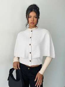 Elenzga Women's Poncho Button Elegant Batwing Knit Cardigan Sweater - White - View 4