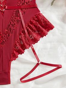 SHEIN 2件套蕾丝拼接性感女式连体衣（无钢圈/吊袜带），外出 - 酒紅色 - 查看 8