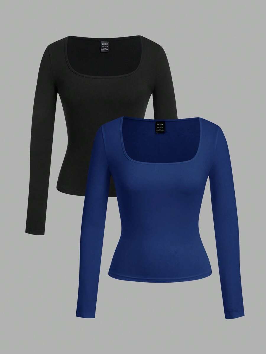 SHEIN EZwear 2件套女士方领修身长袖休闲T恤套装,合身款上衣,女士基础款上衣,女士长袖上衣,紧身款上衣,嘉年华 - 彩色 - 查看 1
