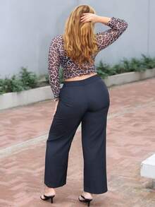 MelDlgn 大码女装秋冬时尚大码女装优雅约会女士纯色简约休闲日常长裤黑色西裤女裤教师裤商务女装秋季女装双层腰带设计阔腿 - 黑色 - 查看 6