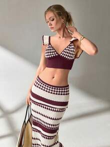 EURMUSE Women Top And Skirt Openwork Sweater Cover Up Set - Burgundy - View 8