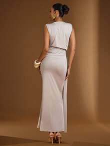 Hauture Women's Simple Elegant Side Ruched With Twisted Design Jersey Going Out Maxi Dress - Apricot - View 4