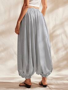 Easelle Women's Casual Color-Blocked Striped Woven Pants, Lantern Pants, Wide-Leg Pants, Striped Yarn-Dyed Drawstring Waist, Spring/Summer Holidays - Black and White - View 2