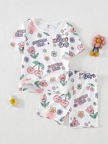 2pcs Girls Casual Letter & Floral All-Over Print Crew Neck Short Sleeve Shorts Pajama Set - Multicolor - View 3