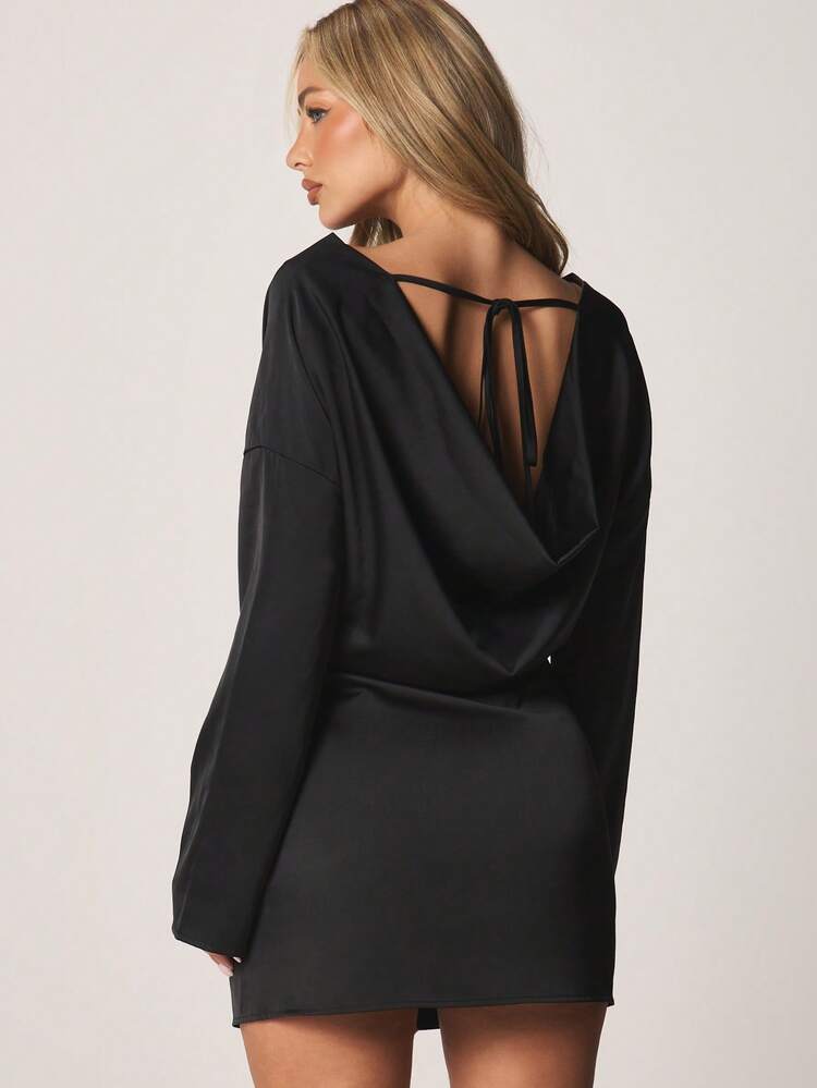 MISSGUIDED Satin Cowl Neck Long Sleeve Mini Dress With Tie Up Back Detail Open Back Evening Party Bodycon
