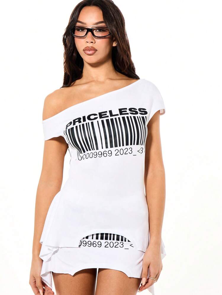 SUMWON Off Shoulder Jersey Top With Priceless Barcode Graphic Print And High Low Hem Detail