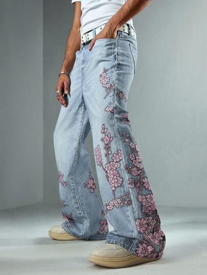 Anime بنطلون جينز رجالي فضفاض بطبعة زهرية وساق واسعة، بطراز الملابس الشارعية
