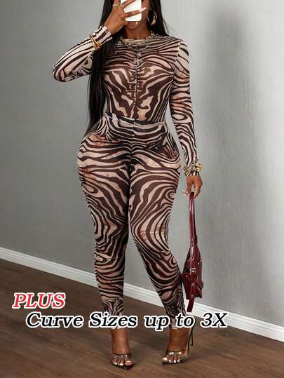 Slaydiva 2026 Plus Size New Spring/Summer Casual Streetwear Sexy Sheer Mesh Zebra Print Fitted Long Sleeve Top And Leggings 2-Piece Set, Suitable For Music Festivals, Sexy Streetwear, Graduation Ceremonies, Halloween Costumes, Daily Wear, Motorcycle Sports, Nightclubs, Girls, Birthday Parties, Student Uniforms, Versatile Basics, Casual, Vacation, Cruise Travel, Beach, Sunbathing, Influencer Fashion, Parties And Gatherings