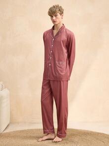 SHEIN 男士条纹翻领长袖单排扣上衣和裤子睡衣套装 - 彩色 - 查看 3