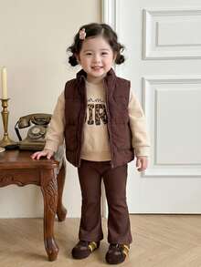 SHEIN Playful Pals 3pcs/Set Baby Girl Unisex Infant Toddler Autumn/Winter Corduroy Padded Vest + White Round Neck Printed Sweatshirt And Elastic Waist Pants, Suitable For School, Casual, Sports, Home, 6M-3T, Children Set, Infant Clothing, Baby Vest Fall Girls Clothes Brown Toddler Outfit Girl Girl Clothes Sets 6M-3T