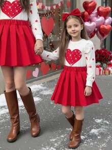 Elladie kids 2pcs/Set Young Girl Spring Autumn Heart Print Long Sleeve Sweatshirt & Pleated Skirt Set, Red Fashionable Outfit For 7th Birthday Valentine's Day - Red - View 3