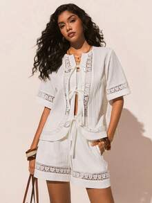 Poéselle Women's White Notched Neck Half Sleeve Woven Blouse And Shorts Set Casual Two Piece Outfit - White - View 4