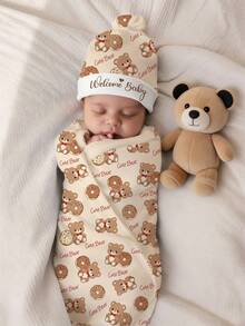 SHEIN Set de 2 piezas Manta de envoltura para fotografía de bebé recién nacido con gorro a juego, con estampado de oso y dona para sesión de fotos de recién nacido, accesorios de fotografía