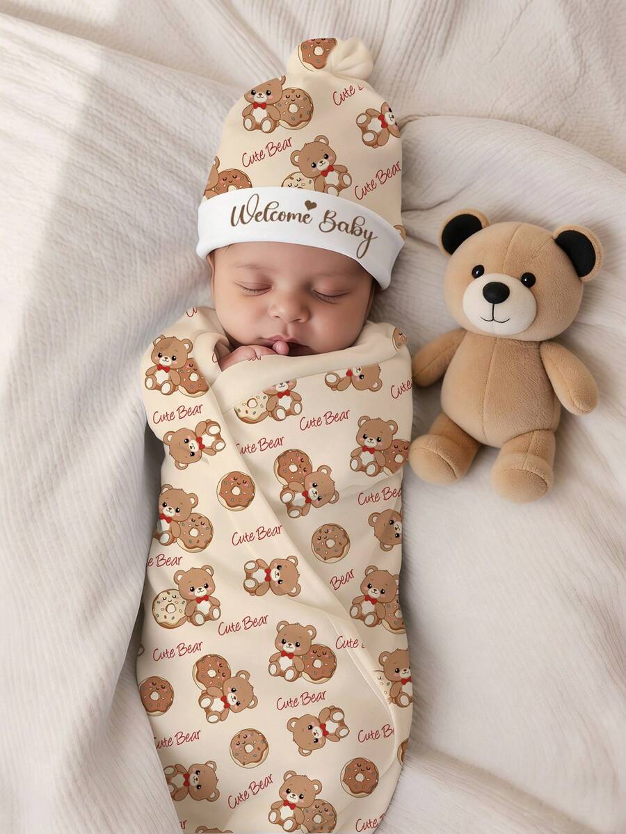 SHEIN Set de 2 piezas Manta de envoltura para fotografía de bebé recién nacido con gorro a juego, con estampado de oso y dona para sesión de fotos de recién nacido, accesorios de fotografía