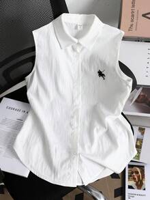 SHEIN Teen Girls' White Woven Sleeveless Embroidered Loose Casual Blouse Sleeveless Shirts For Girls Sleeveless Button Up Shirt Girls Crop Top Teenager Girl Short Shirt For Summer Preppy Tops - White - View 5