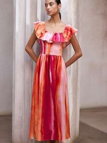 Aveloria Modichic 法式别致小众品质缎面长裙，弹力褶皱荷叶边露肩百搭度假风无袖连衣裙，修身显瘦 - 玫紅色 - 查看 3