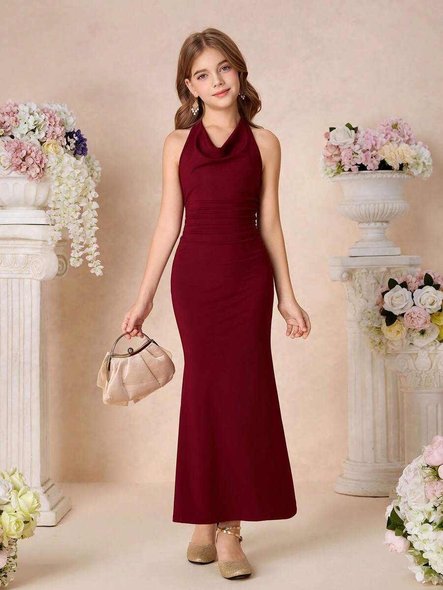 Pitira Vestido de sirena ajustado con cuello drapeado burdeos para niñas preadolescentes, adecuado para fiestas, ocasiones formales, fiestas, cumpleaños, uso diario de niñas, festivales, reuniones familiares y ocasiones especiales, conjuntos de hermanas, lindo, elegante, moda retro dulce, adecuado para la temporada de regreso a la escuela, fiestas elegantes, citas, viajes, adecuado para bodas, fiestas de cumpleaños, bailes, vestidos de dama de honor, galas de noche formal, bodas, graduaciones, niñas de las flores - Burdeos - Ver 1