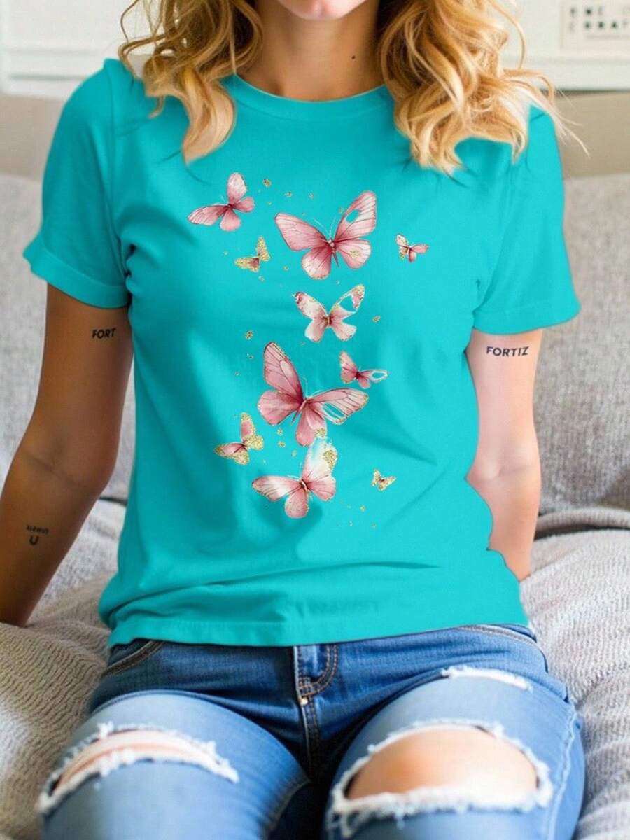 Playera básica mujer dama cuello redondo manga corta estampado grafico DE MARIPOSAS MARIPOSA BUTTERFLY graphic Textura Suave Fortiz - Azul menta - Ver 1