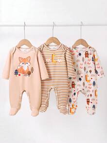 新生儿蓝色条纹橙色狐狸森林动物印花长袖连体衣套装 - 彩色 - 查看 6