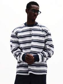 SUMWON Men's Crew Neck Long Sleeve Striped T-Shirt Casual Everyday Tee Fall Winter Comfort Fit Top - Light Grey - View 3