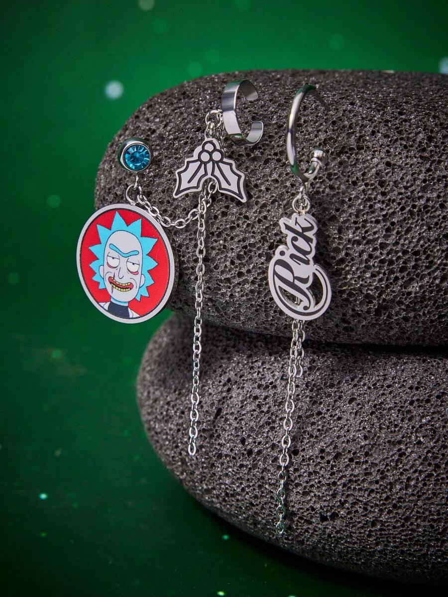 Rick and Morty X SHEIN Rick Pattern Chain Tassel Hoop Earrings, Suitable For Christmas - Silver - View 1