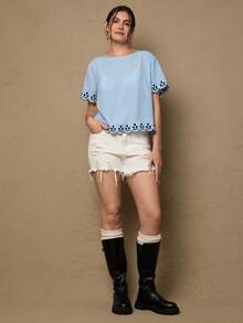 SHEIN VCAY 大码女式条纹圆领短袖休闲宽松衬衫 - 藍色 - 查看 7