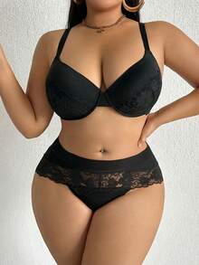 2件套加大码女士蕾丝拼接钢圈文胸内裤套装，紫色 - 黑色 - 查看 5