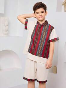 SHEIN Bộ 2 quần ống đứng và áo sơ mi tay ngắn cổ vuông thoải mái thường ngày cho bé trai/thiếu niên - Nhiều màu - Xem 4