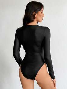 SHEIN Tall 1pc Women's Casual Square Collar Long Sleeve Bodysuit, Warm For Autumn/Winter - Black - View 2