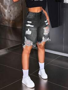 SHEIN ICON شورتات جينز مُمزَّقة عصرية للنساء - رمادي - مشاهدة 5