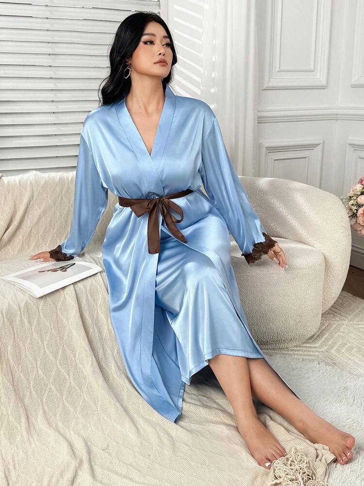 Dazy Plus 2pcs Elegant Contrast Lace Camisole Nightgown & Long Robe Set, Tie-Waist Plus Size Women Sleepwear, Spring/Summer