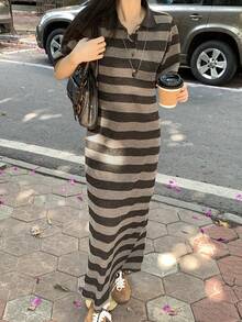 DAZY Women's Striped Short Sleeve Half-Zip Casual Long Dress - Brown - View 8