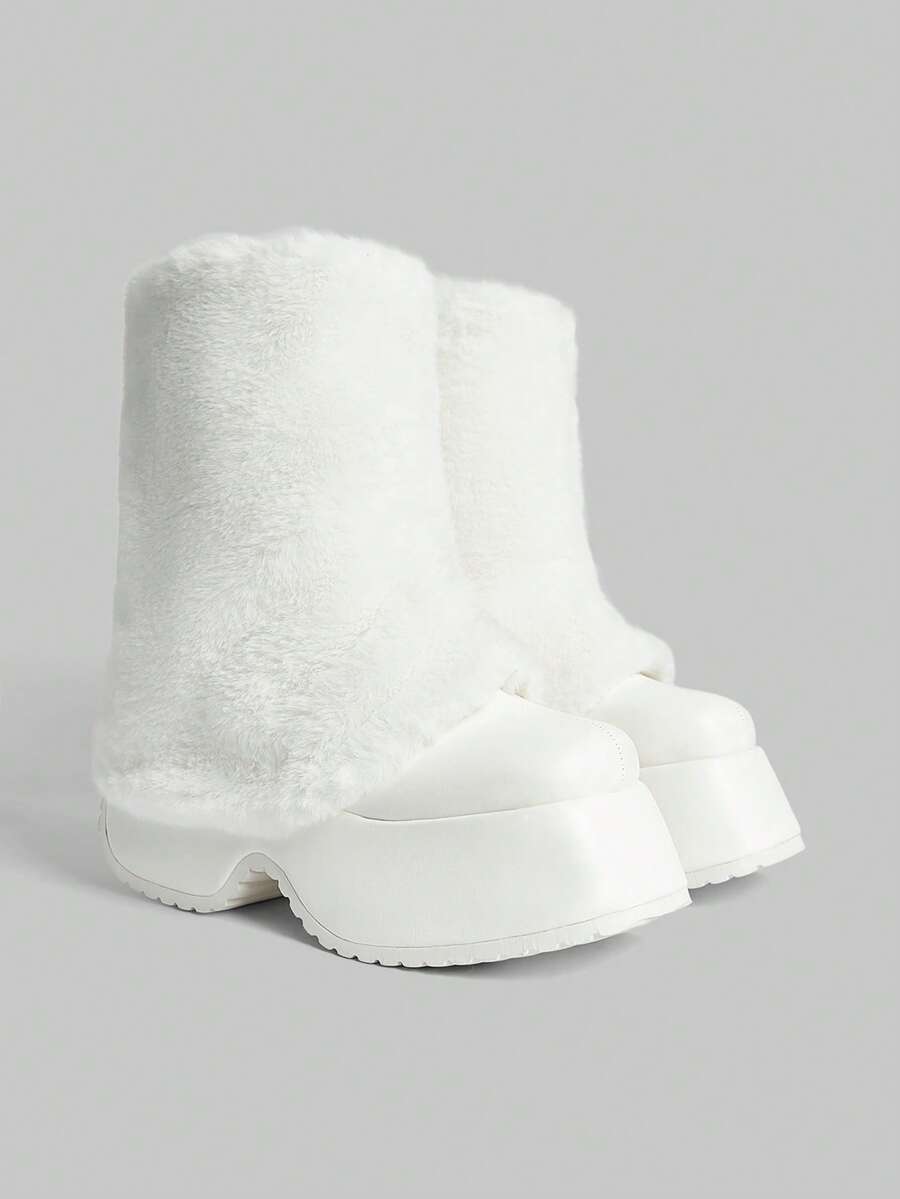 Sugerpunk Women's Thick Sole Fashionable Patchwork Faux Fur Mid-Calf Boots Valentine's Day