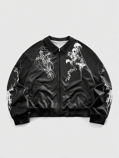 Goth Chaqueta con cremallera y cuello con estampado de calavera para hombre
