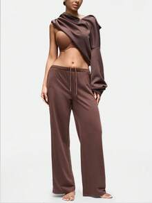 SHAPORA Casual IG Low Waist Drawstring Straight Loose Pants, Women Loungewear Bottom - Brown - View 1