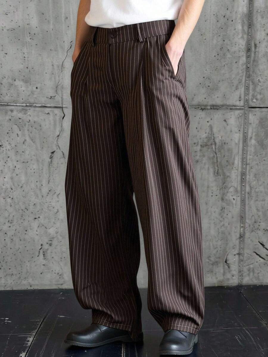 HIMLAND Men's Casual Versatile Commuter Striped Pants Men Pants Dress Men Wide Leg Pants Men S Pleated Suit Pants Baggy Pinstripe Pants Men Baggy Wide Pants - Brown - View 1