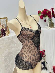 SHEIN Women's Sexy Leopard Print Lace Patchwork Hollow Out Bodysuit, Slim Fit Elegant Sleepwear - Multicolor - View 6