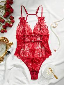 Bow Front Cut Out Lace Teddy Bodysuit Lingerie - Burgundy - View 2