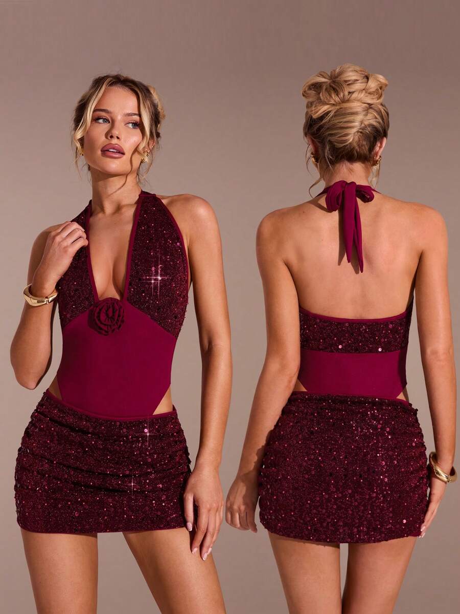 SHEIN Glamour 2 Piece Sets Wine Red Color Glitter Halter Neck Backless Sleeveless Bodysuit Mini Skiet Set,Christmas Set,Halloween Set,Elevated Elegance Set,Rave SetFestival,Streetwear,Concert Set,Club Set,Date Night Set,Women Birthday Set,Autumn And Winter Set,Party Must Have,Glitter Set - Burgundy - View 1