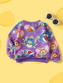 TOM & JERRY X SHEIN Baby Girl Casual Cute Cartoon Pattern Crew Neck Sweatshirt, Autumn - Purple - View 2