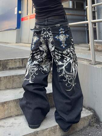 Herren Jeans mit bestickter Tasche, weite Passform und weitem Bein