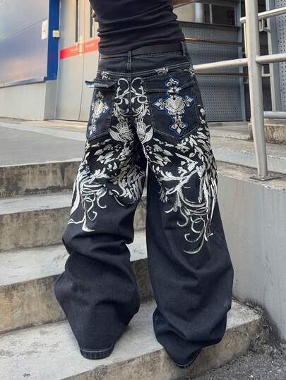 Jeans de pierna ancha con bolsillo bordado y ajuste holgado para hombre