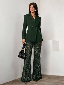 Chiquease Women's Elegant Loose Double-Breasted Long Sleeve Blazer Jacket And Flared Lace Pants Set, Spring/Autumn - Dark Green - View 6