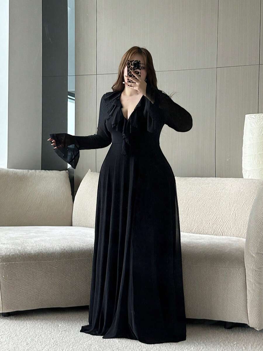 Vibekara Plus Size Women Black Elegant V-Neck Vintage Sheer Flounce Mesh Long Sleeve Dress,Autumn Formal Dinner Evening Gown For Party,Wedding Guest & Commute - Black - View 1