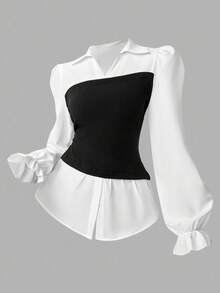 SHEIN Girlism Teen Girls 2pcs/Set Knitted Color Contrast Collared 2 In 1 Long Sleeve Shirt And Wide-Leg Pants,Black And White,Autumn,Holiday,Back-To-School Outfit - Black and White - View 3